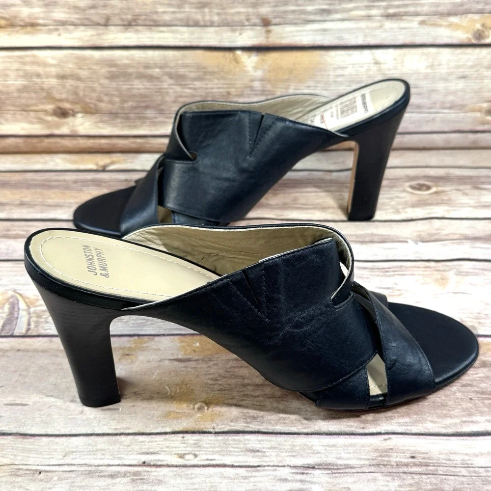 Johnston & Murphy Womens Black Woven Leather High Heel Mule Slip On Shoes 10M